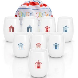 Rowdy Crowd Wine White Tumblers 425ml Beach Huts Set of 8 - Unbreakable Tritan Plastic Dishwasher Safe