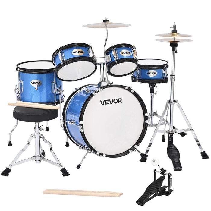 VEVOR 355.6mm 5-Piece Junior Drum Sets Blue with Adjustable Throne for Beginner