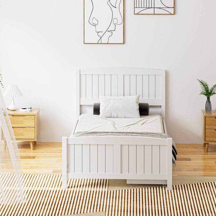 Oikiture Wooden Bed Frame King Single Size with Trundle Drawers White ...