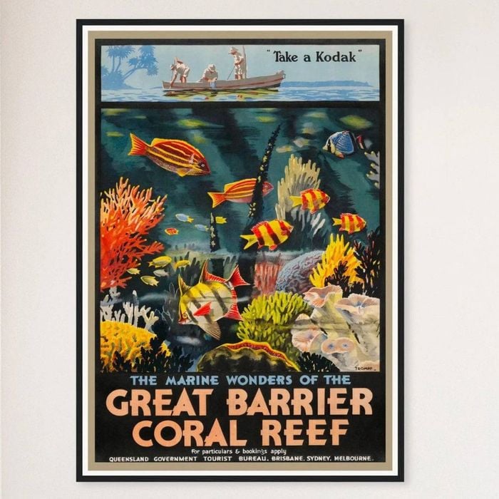 Galrie Vintage Great Barrier Reef Travel Poster by Roger Broders Queensland Australia Art, Black Frame,A0 84 x 119cm (33x47inch)