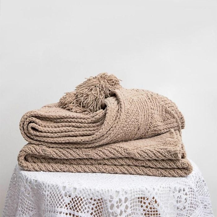CottonMore New Acrylic Chenille Tassel Knitted Blanket Bed Sofa Throw Rug 130x160cm - Beige Apricot