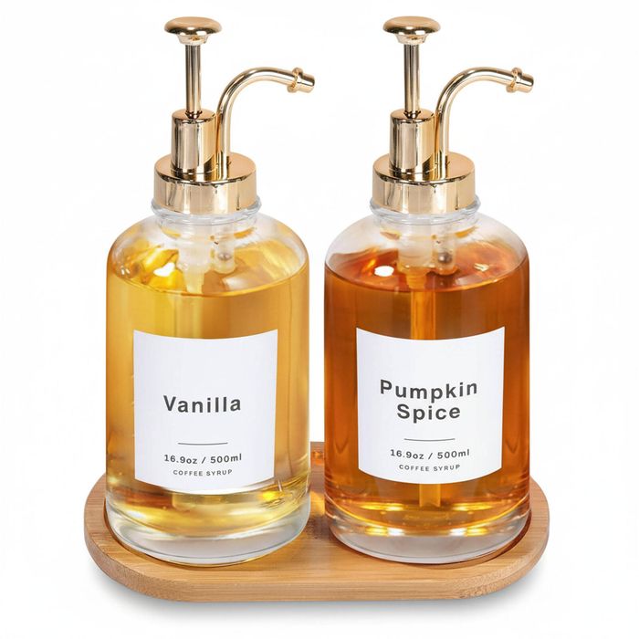 Coffee Syrup Dispenser for Coffee Bar w Bamboo Tray and Glass Pump Bottles, 16.9 oz/500 ml, Set of 2 Golden Labels