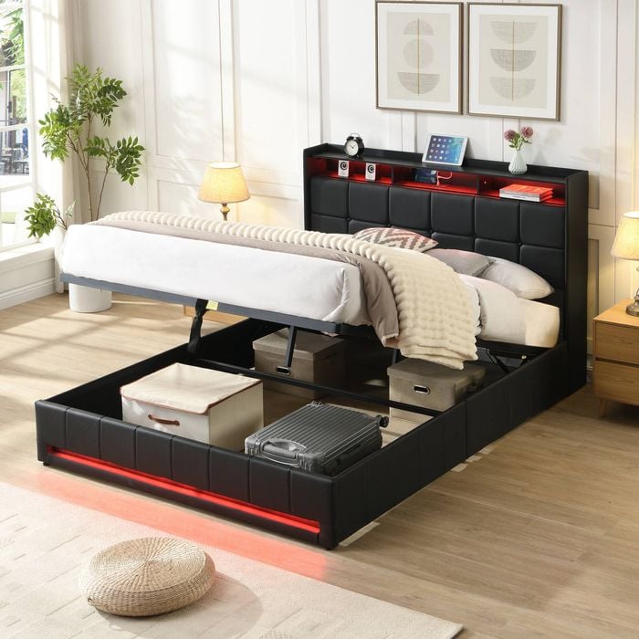 Homfurn Double Bed Frame With Storage, Gas Lift Bed Double Size Faux Leather With Led & Charging Station, Noise Free, Black