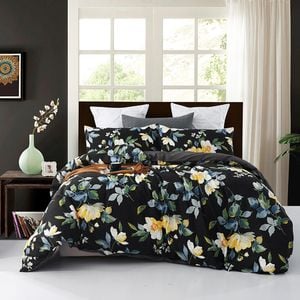 CottonMore 100% Slub Cotton Flower Printed Quilt Doona Duvet Cover Set Black - Queen