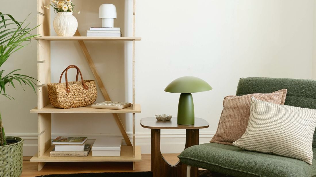 A light-coloured wooden display unit with adjustable shelves, holding decorative items, next to a potted plant.