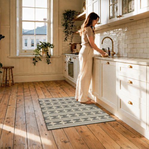 The Kallara cotton door mat has a stylish design & machine washable convenience.
