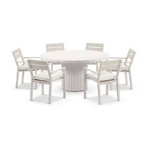 Curl Outdoor 1.5m Round Ceramic/aluminium Dining Table Light Dune With 6 Santorini Chairs & Sandstone Cushions
