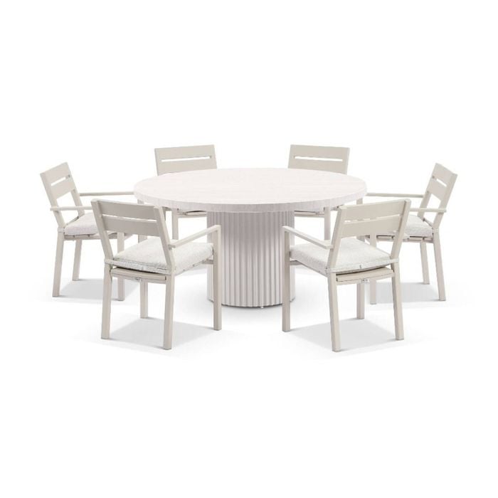 Curl Outdoor 1.5m Round Ceramic/aluminium Dining Table Light Dune With 6 Santorini Chairs & Sandstone Cushions