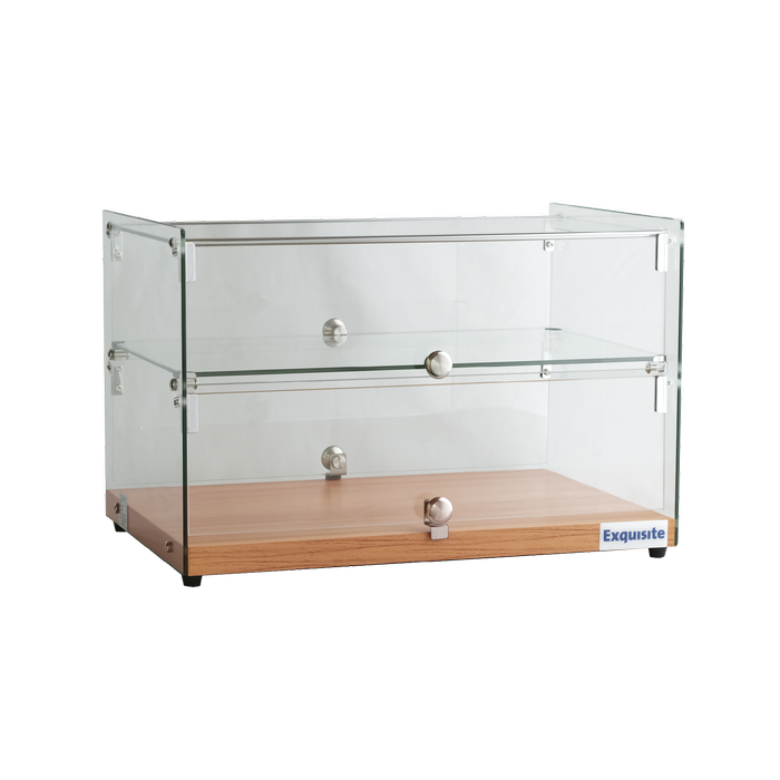 Exquisite Two Tiers Flat Glass Ambient Cake Display – Natural Oak Colour 50 Litre