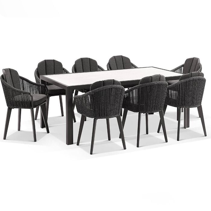 Alpine 8 Seater Rope and Aluminium Dining Table Chairs Setting Slate Grey