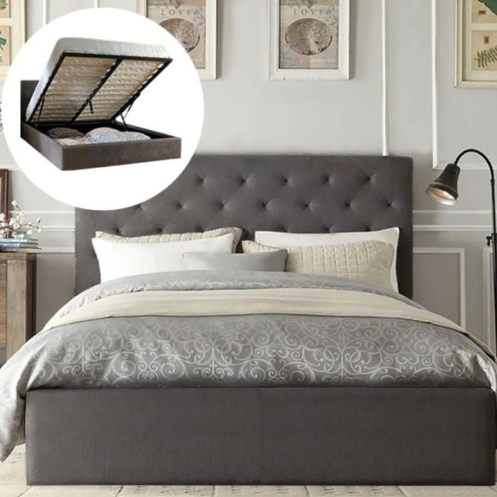 Istyle Chester Queen Gas Lift Ottoman Storage Bed Frame Fabric Grey