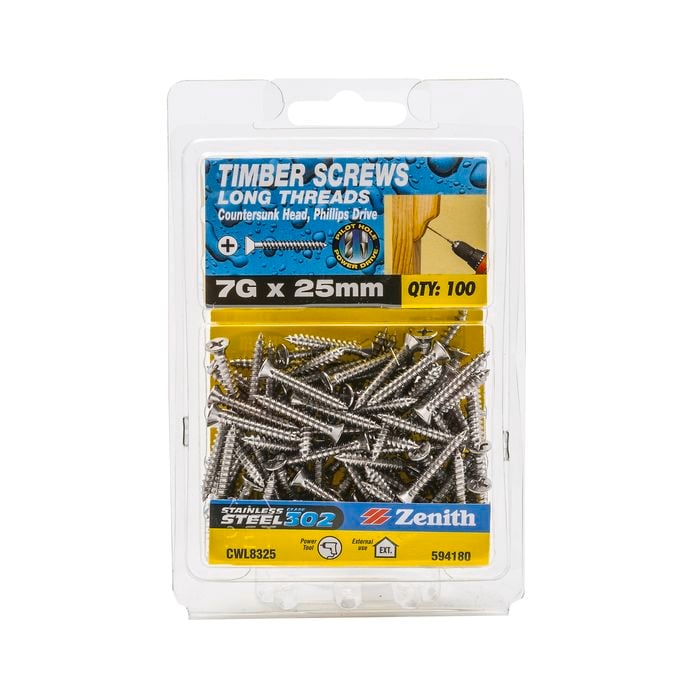 Zenith 7G x 25mm Stainless Steel Long Thread Countersunk Head Screw - 100 Pack