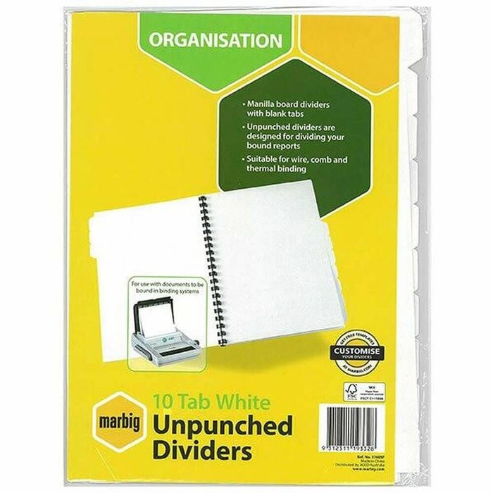 Marbig Unpunched Dividers A4 (White) (10 Tab)