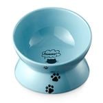 Elevated Cat Food Bowl, Ceramic Raised Cat Bowl, Tilt Angle Protect Cat's Spine, Anti Vomiting Cat Dish,  Lake Blue