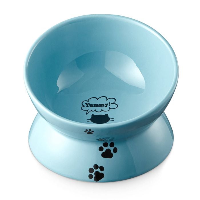 Elevated Cat Food Bowl, Ceramic Raised Cat Bowl, Tilt Angle Protect Cat's Spine, Anti Vomiting Cat Dish,  Lake Blue