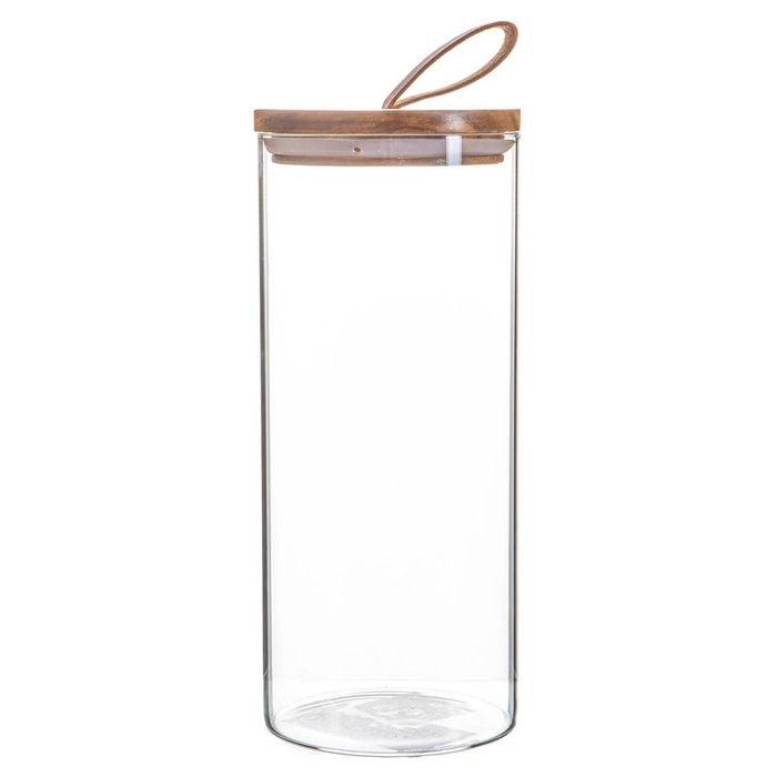 Argon Tableware Glass Storage Jar with Wooden Lid - Leather Loop - 1.5 Litre