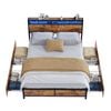Advwin Double Bed Frame with 4 Storage Drawers & Charging Station & RGB LED Lights Rustic Brown