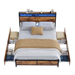 Advwin Double Bed Frame with 4 Storage Drawers & Charging Station & RGB LED Lights Rustic Brown