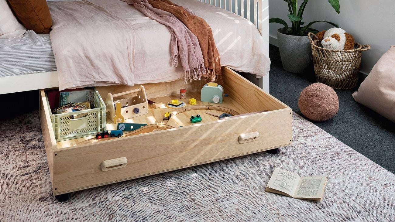 Bunk beds in a bedroom with a pot plant and a rug on the floor