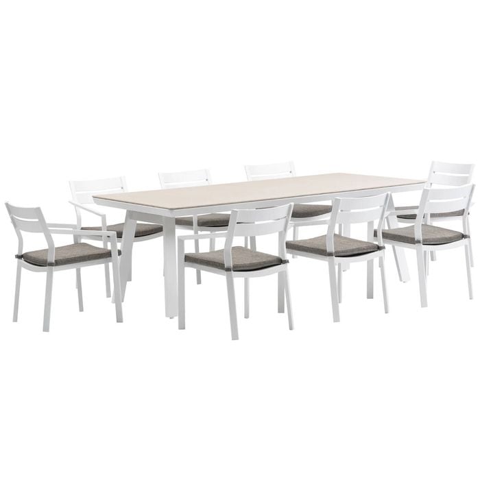 FurnitureOkay Bondi-Capri 9-Piece Sintered Stone Outdoor Dining Setting - White