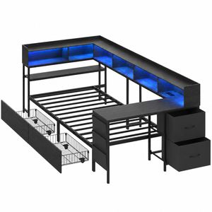 Ufurniture Single Corner Daybed Metal Platform Bed Frame with Desk, Shelves, Storage Drawers and Charging Station