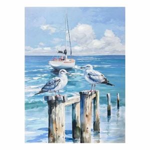 P&P Blue Seabirds Hand Painting Picture In Soft Coastal Tones For Nature-Inspired Home Décor