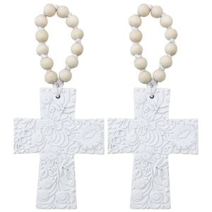 2PK LVD Resin Hanging Cross Embossed Decoration 11.5x.08x14.5cm Off-White