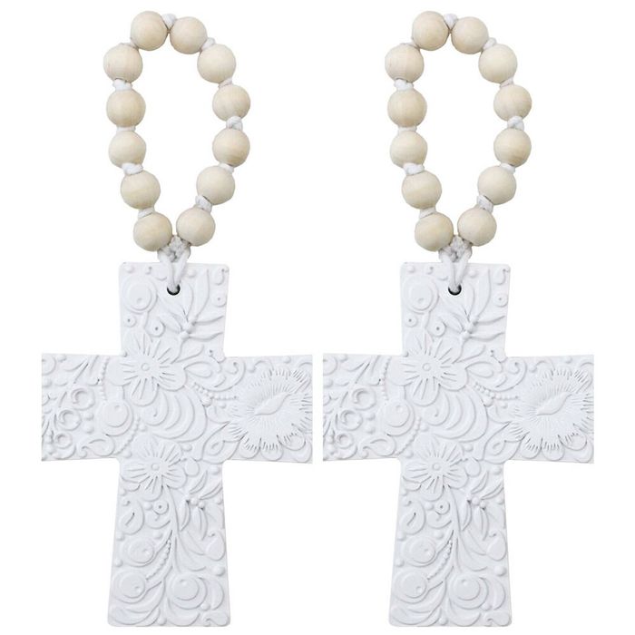 2PK LVD Resin Hanging Cross Embossed Decoration 11.5x.08x14.5cm Off-White