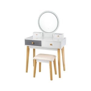 Costway Dressing Table Stool Set Led Round Mirror Makeup Desk W/removable Tabletop & Drawers