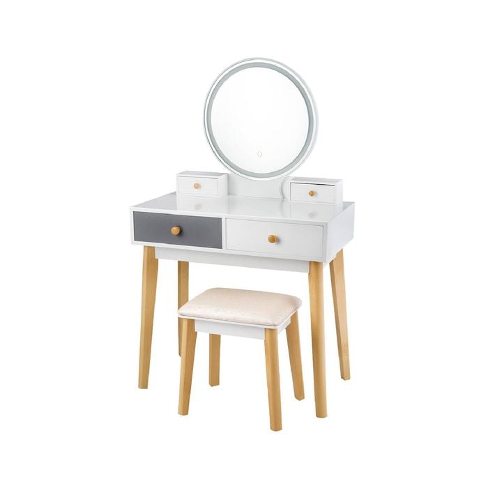 Costway Dressing Table Stool Set Led Round Mirror Makeup Desk W/removable Tabletop & Drawers