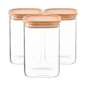 Argon Tableware 6x Glass Storage Jars With Airtight Wooden Lids - 1.1l - Square Cube Kitchen Storage Container Preserving Jars