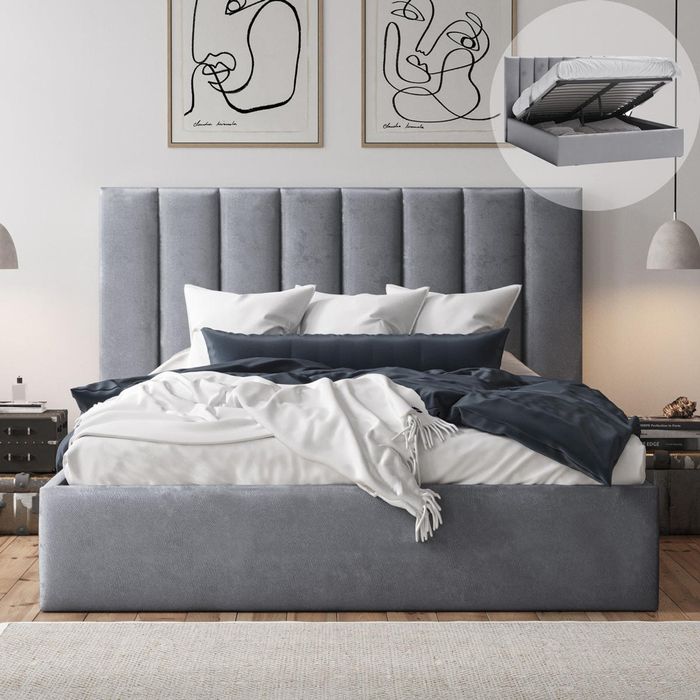 Celine Queen Fossil Grey Velvet Gas Lift Storage Bed Frame