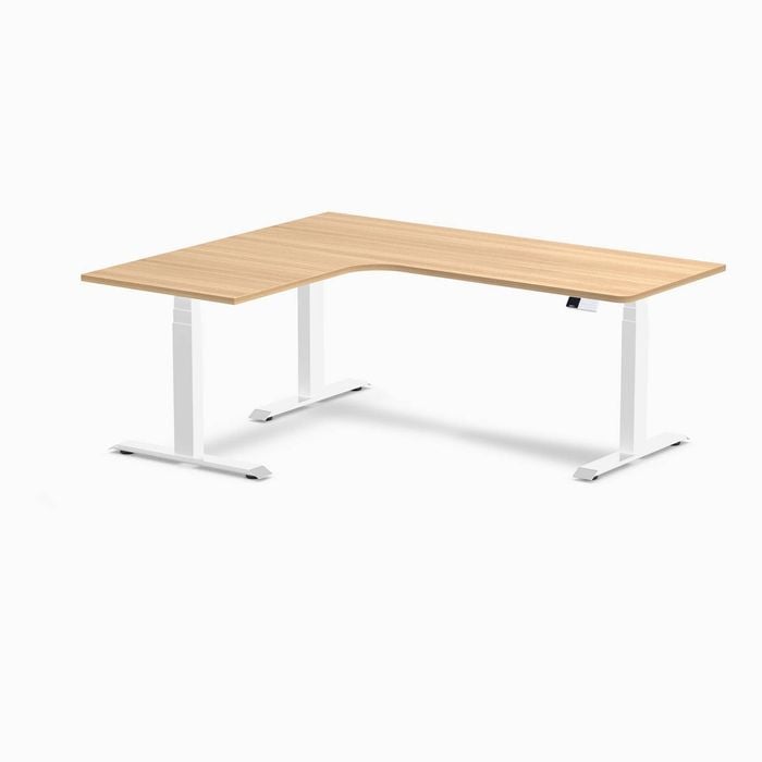 Desky L-shape Sit To Stand Sublime Teak Melamine Desk 1800x1500mm - Left Return Height Adjustable White Leg