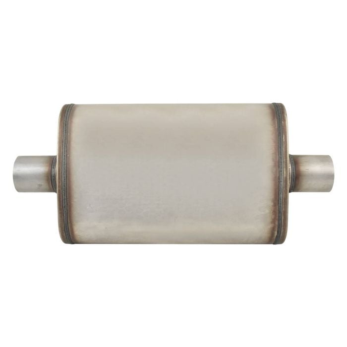 Outlaw T-409 stainless steel straight through muffler, single 2-1/4" inlet/outlet, centre/centre