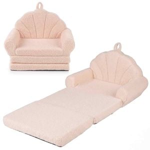 Costway Shell Folding Sofa Kid 2in1 Couch Lounge Bed Teddy Fabric Beige