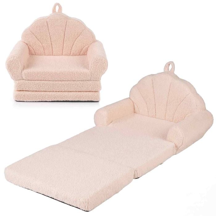 Costway Shell Folding Sofa Kid 2in1 Couch Lounge Bed Teddy Fabric Beige