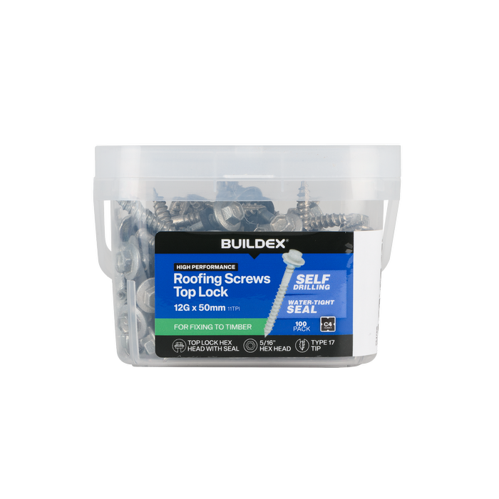 Buildex 12G x 50mm Class 4 Roofing Screws with Seal - 100 Pack