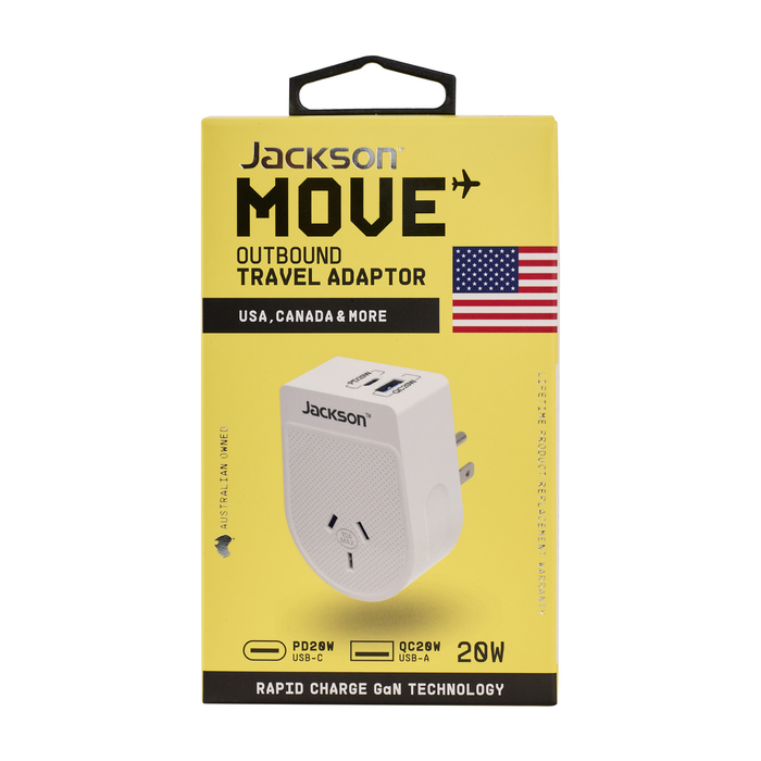 Jackson Move Outbound Travel Adaptor USA, Canada & More PD20W w USB 1A 1C