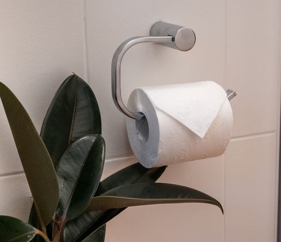 A neat, C-shaped toilet paper holder has toilet paper attached and the end of the paper is folded neatly to a point
