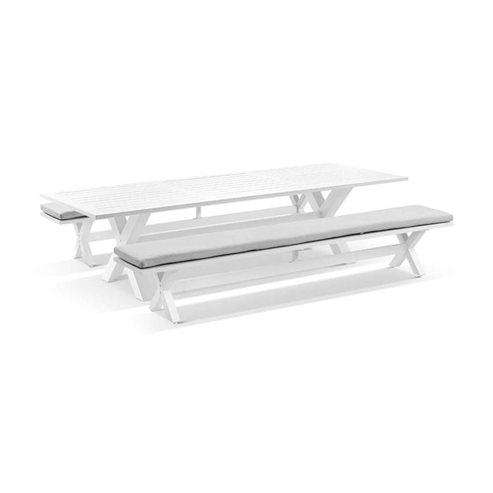 Tahitian 3m Outdoor Aluminium Dining Setting White With Bench Seats & Textured Olefin Grey Cushions