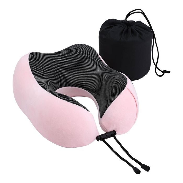 Wanderlite Travel Neck Pillow for Airplanes Memory Foam with Storage Bag, Pink