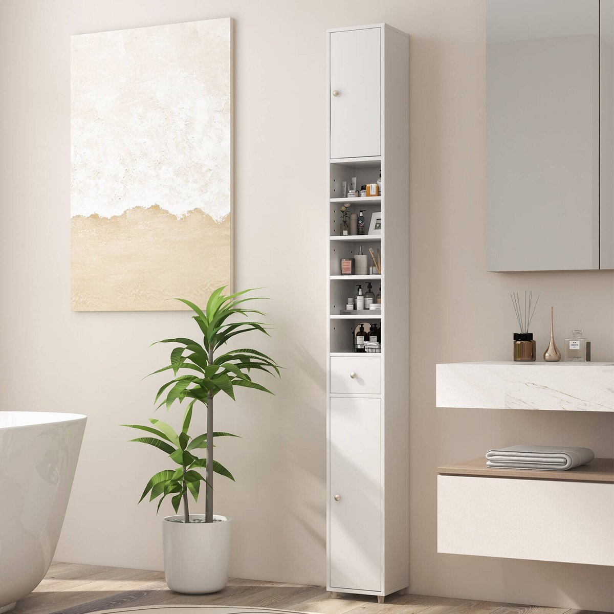 Costway 1.8m Slim Bathroom Cabinet Storage Organizer White - Bunnings ...