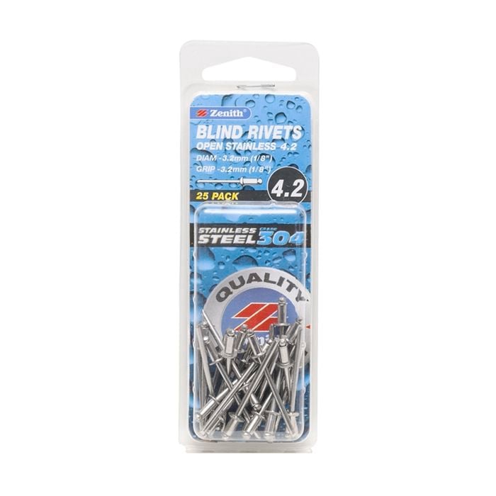 Zenith Blind Rivet Open 304SS 1/8"D x 1/8"G  25pk