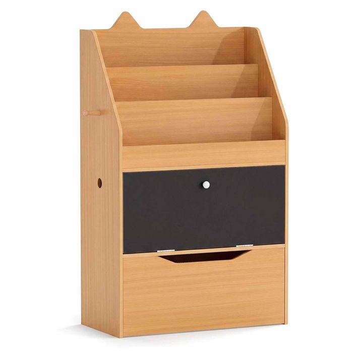 Costway Kid Bookshelf Toy Organizer Cabinet Drawer Chalkboard Hook Natural