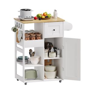 Advwin Kitchen Island Serving Utility Cart on Wheels with Cabinet White