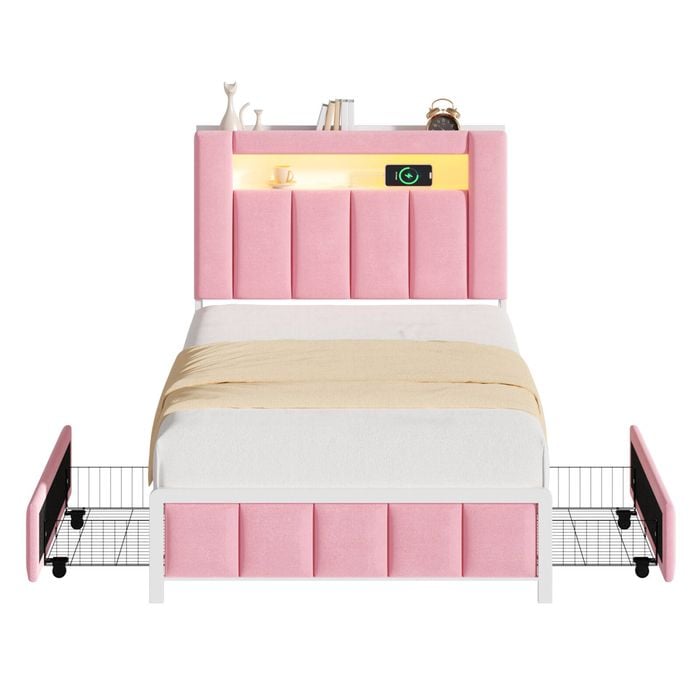 Advwin King Single Upholstered Velvet LED Bed Frame with Hidden Storage Pink