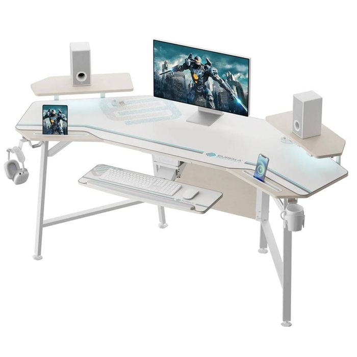 Eureka Ergonomic 70" Wing Shaped Studio Desk With Keyboard Tray - White