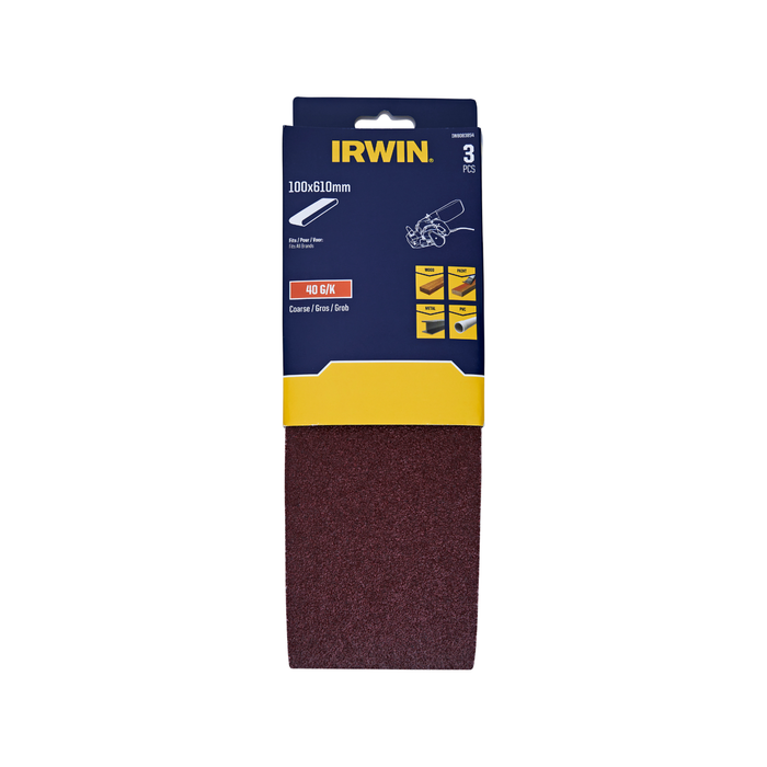 IRWIN 100 x 610mm 40 Grit Sanding Belts - 3 Pack