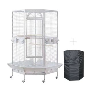 YES4PETS White 161 cm XL Corner Bird Cage Pet Parrot Aviary Perch Castor Wheel Stand With Cover