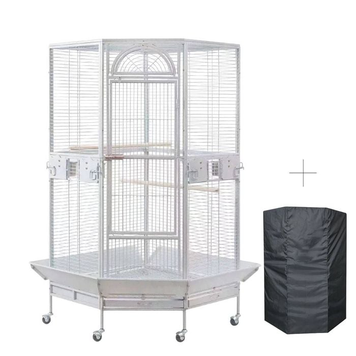 YES4PETS White 161 cm XL Corner Bird Cage Pet Parrot Aviary Perch Castor Wheel Stand With Cover